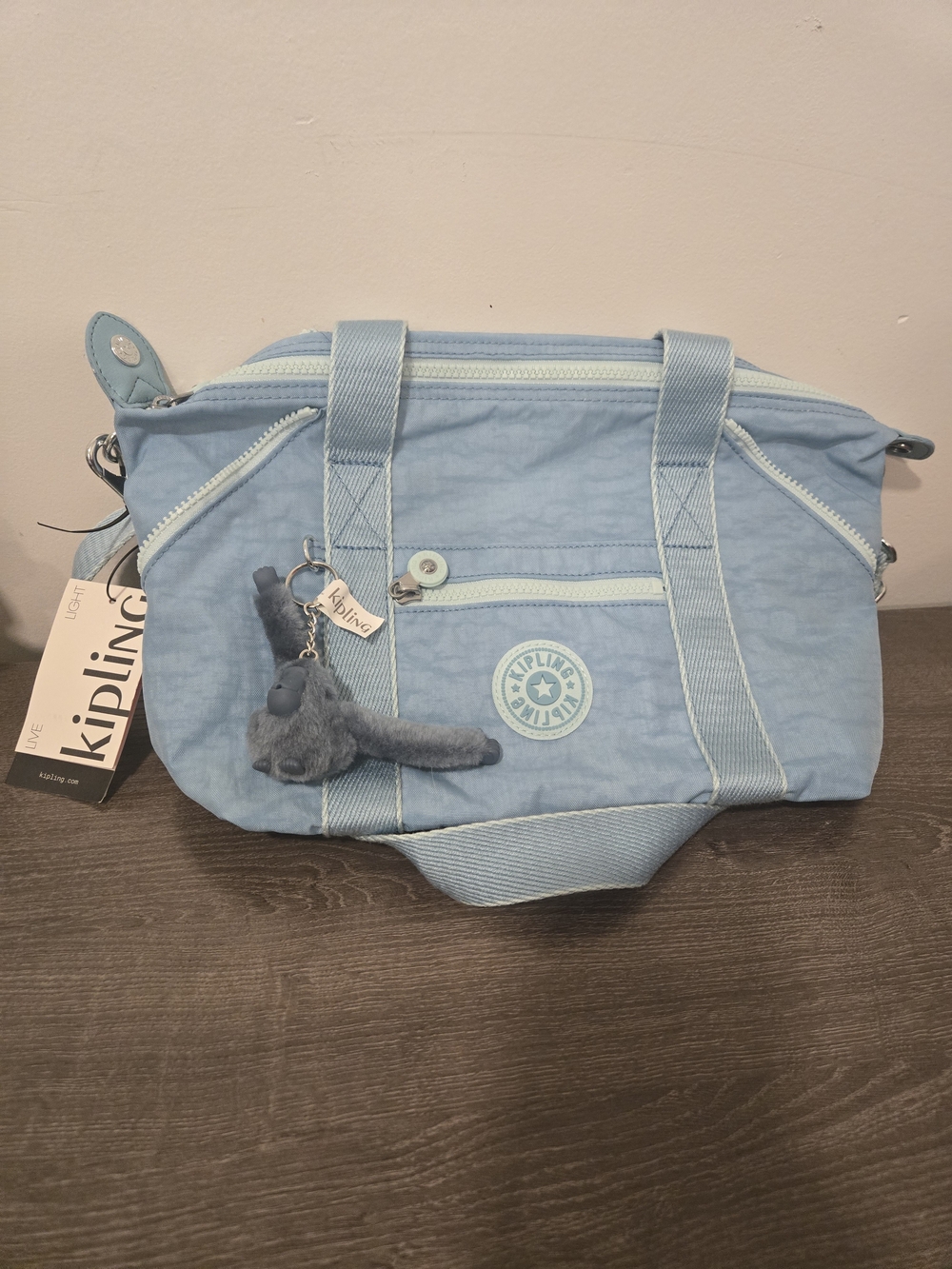 Kipling Light Blue Nylon Shoulder Bag with Monkey Keychain